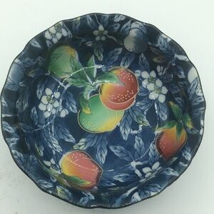 vintage japanese Ceramic Dish: blue/floral/fruit